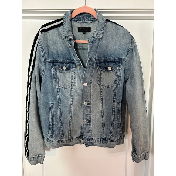 PacSun Other - PacSun Mens LA Denim Jacket Distressed Trucker Style Racing Stripe Medium Grunge